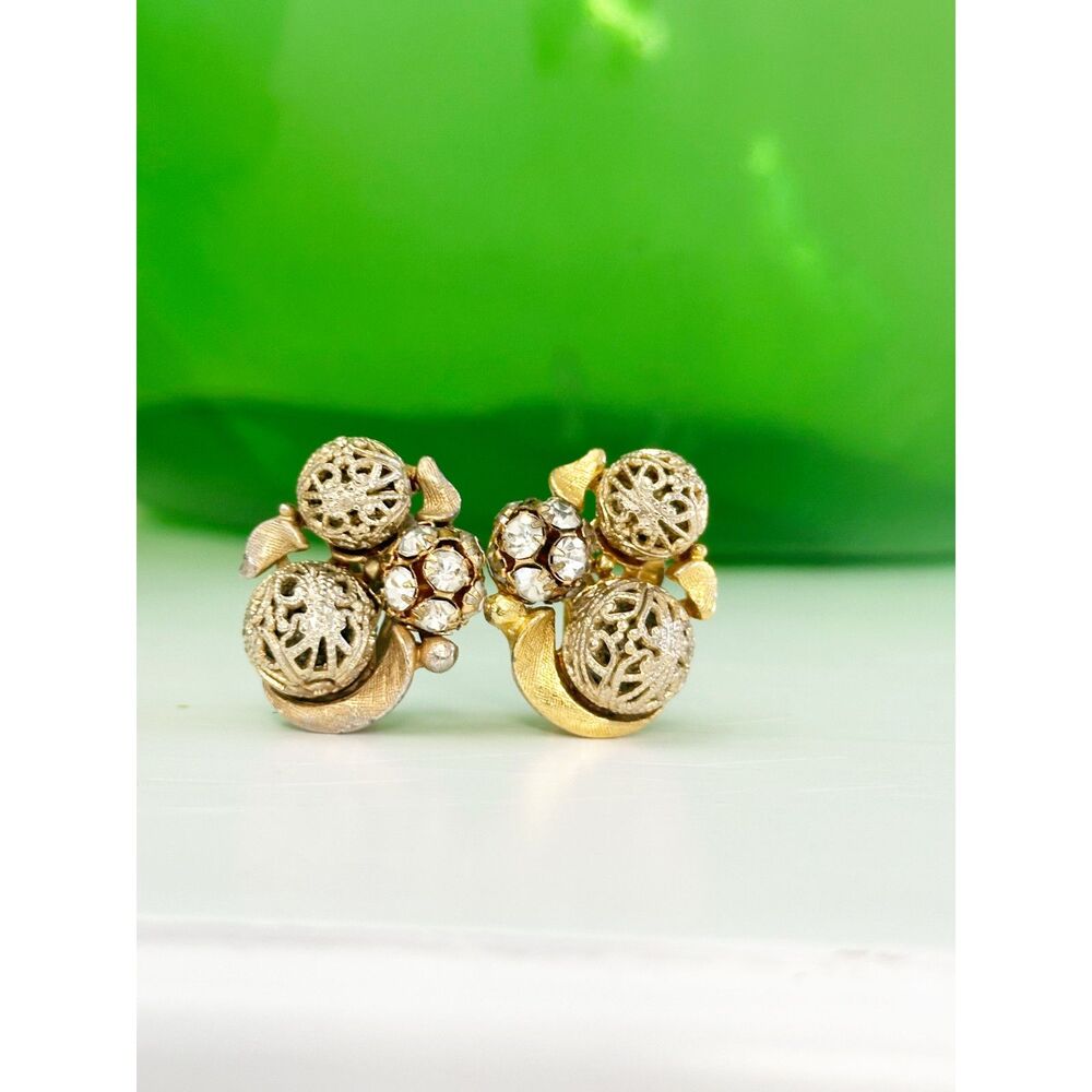 Vintage Gold tone earrings Filigree Ball and Rhinestone Orb Clip on